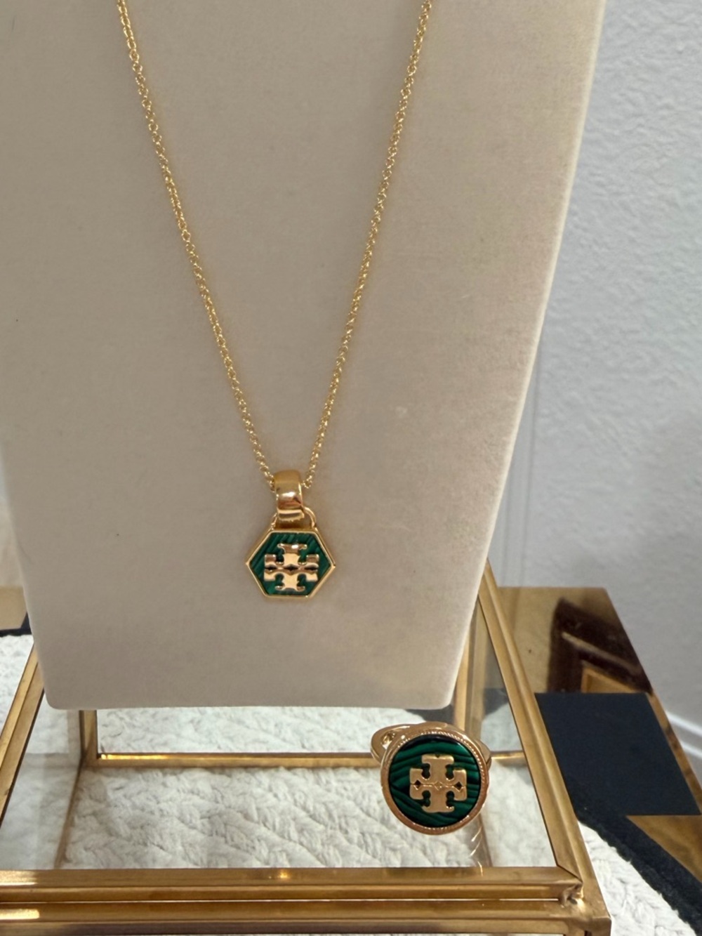 Tory Burch Hexagon Logo Pendant Necklace and Ring Set